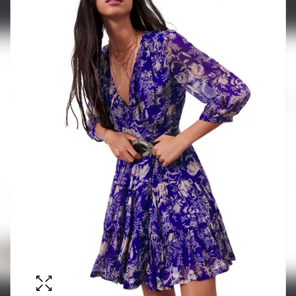 ba&sh Royal Blue and Cream Floral Long Sleeve Dress
